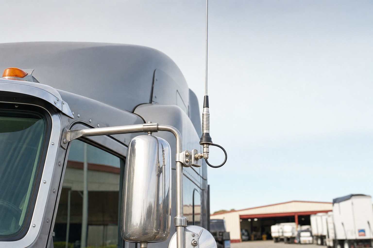 CB antenna mounted to a semi truck mirror bracket with the coax connection visible
