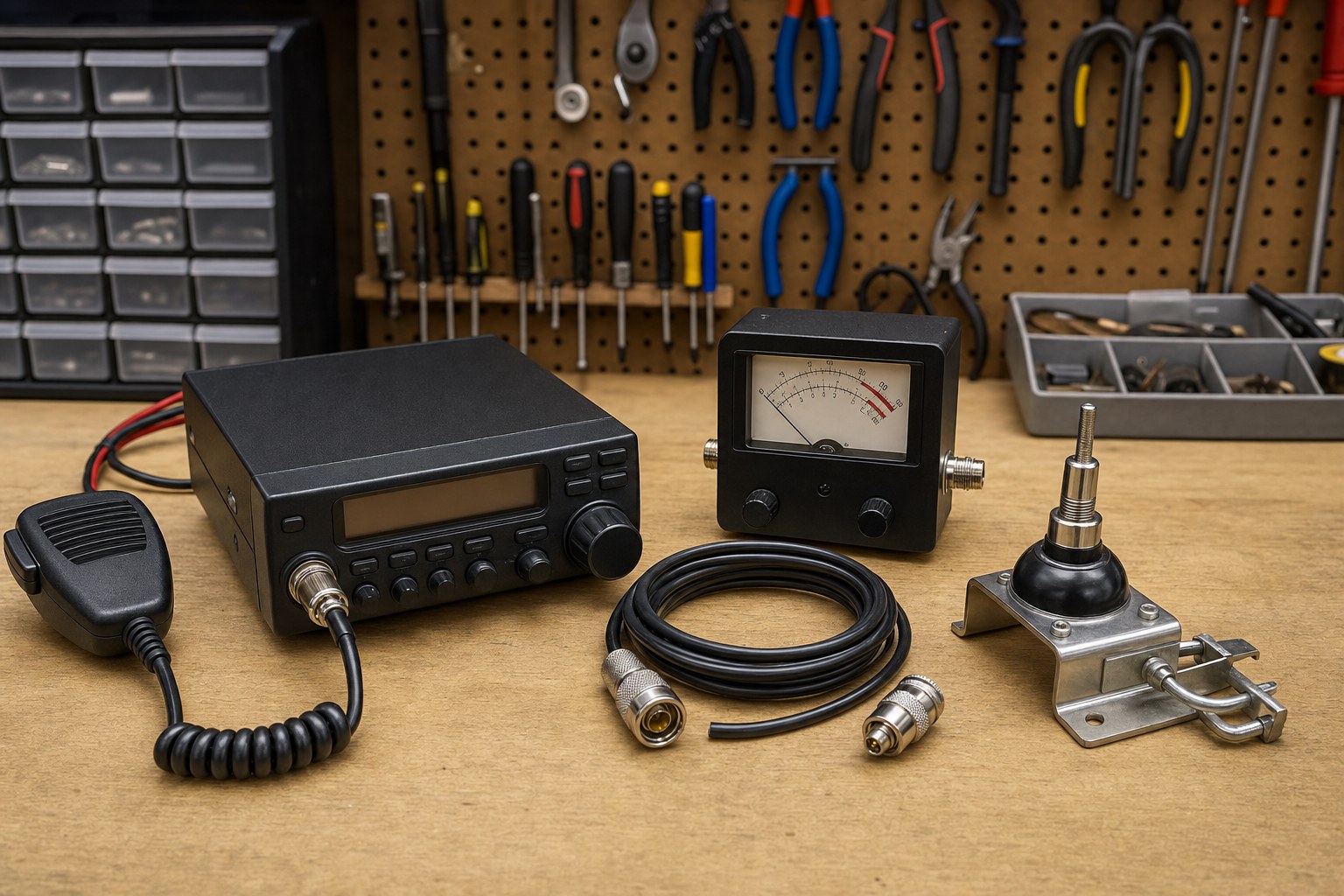 CB radio, analog SWR meter, coax cable and antenna mount arranged for a system check