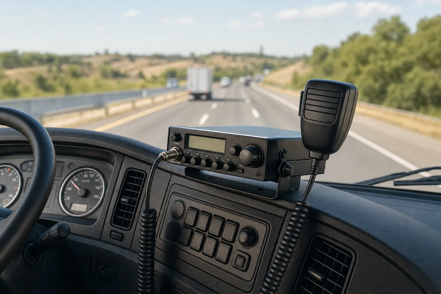 CB radio mounted in a working truck cab