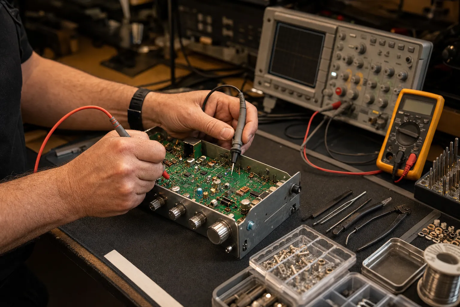 Technician testing a CB radio circuit board on a repair bench