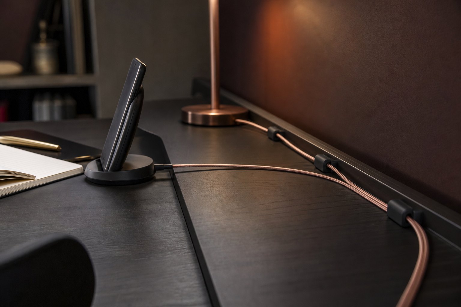 Charging cables guided neatly across the back of a desk