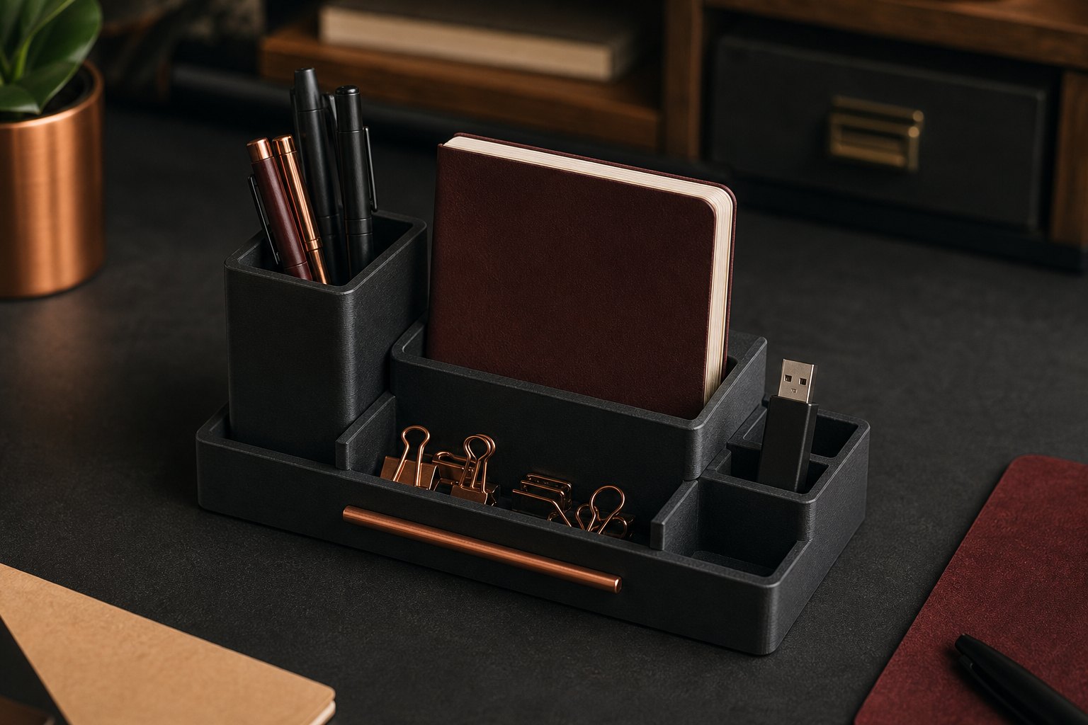Modular black desk organizer holding pens, clips and a notebook