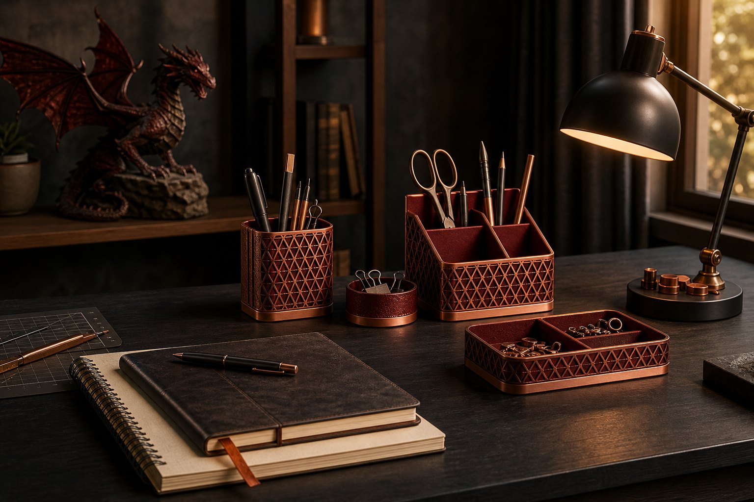 Organized maker desk with warm copper-toned desk accessories