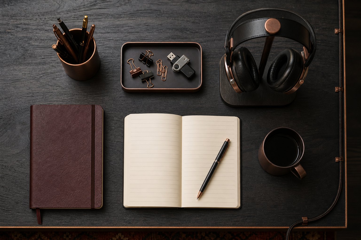 Top-down view of a tidy desk organized into purposeful zones