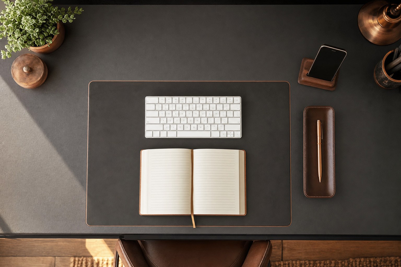 Top-down view of a compact desk with a clear work zone around a keyboard and notebook