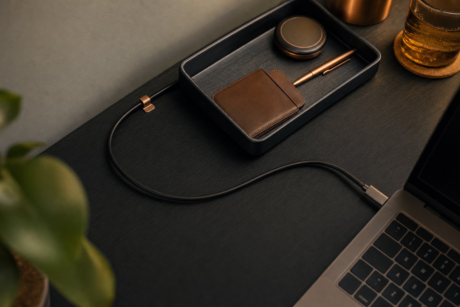 Charging cable routed along the edge of a dark desk beside a shallow organizer tray