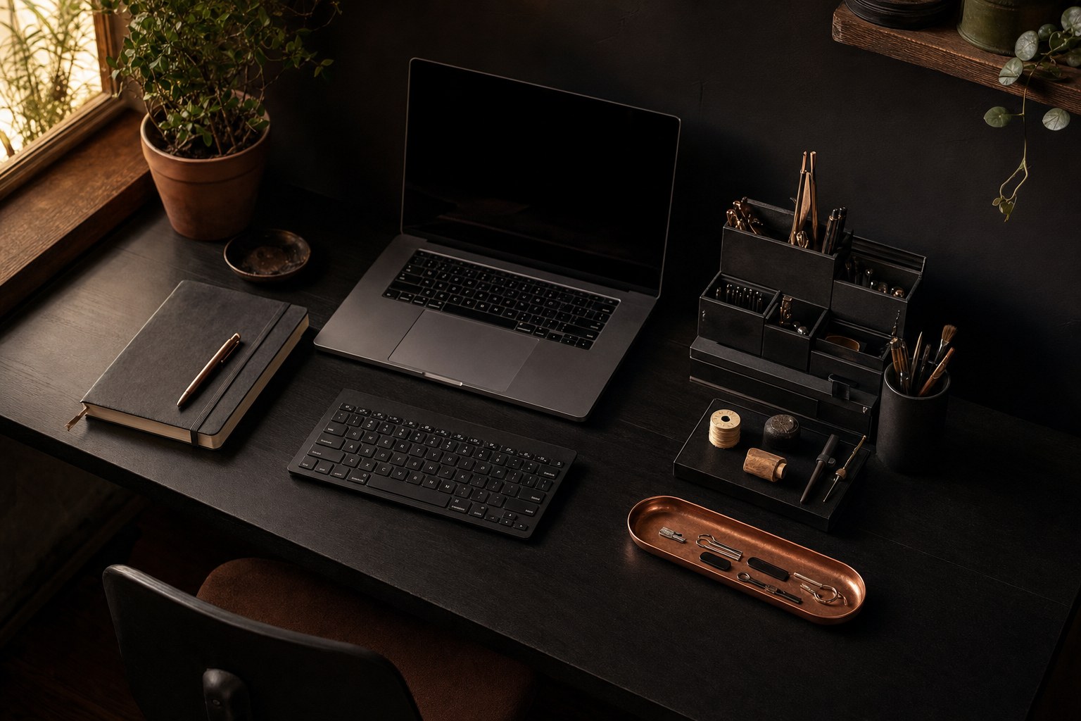 Compact dark desk arranged with a laptop, keyboard, notebook and practical organizers