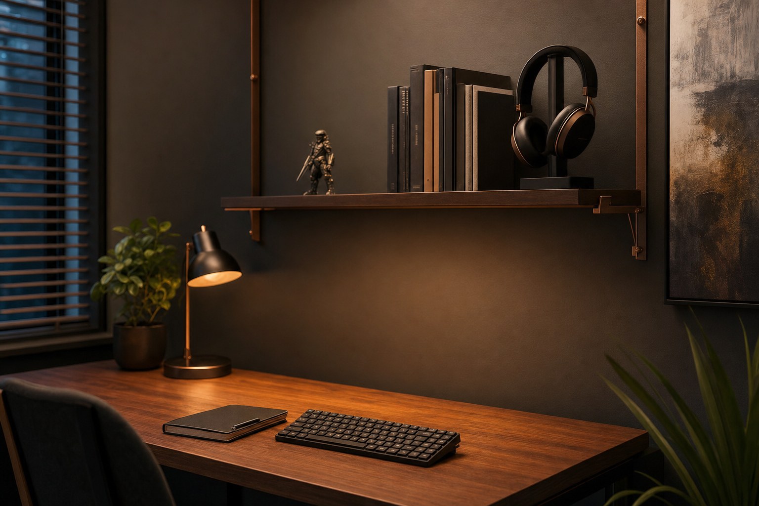 Compact desk beneath a shelf that holds books, headphones and a small display figure