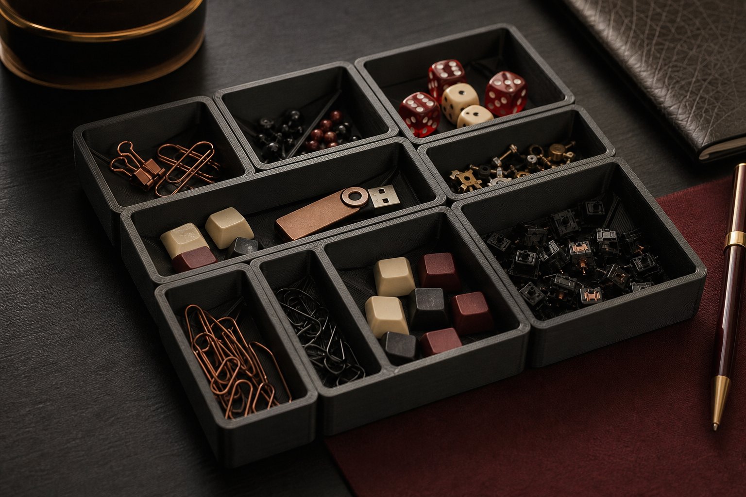 Modular trays separating small desk items into useful compartments