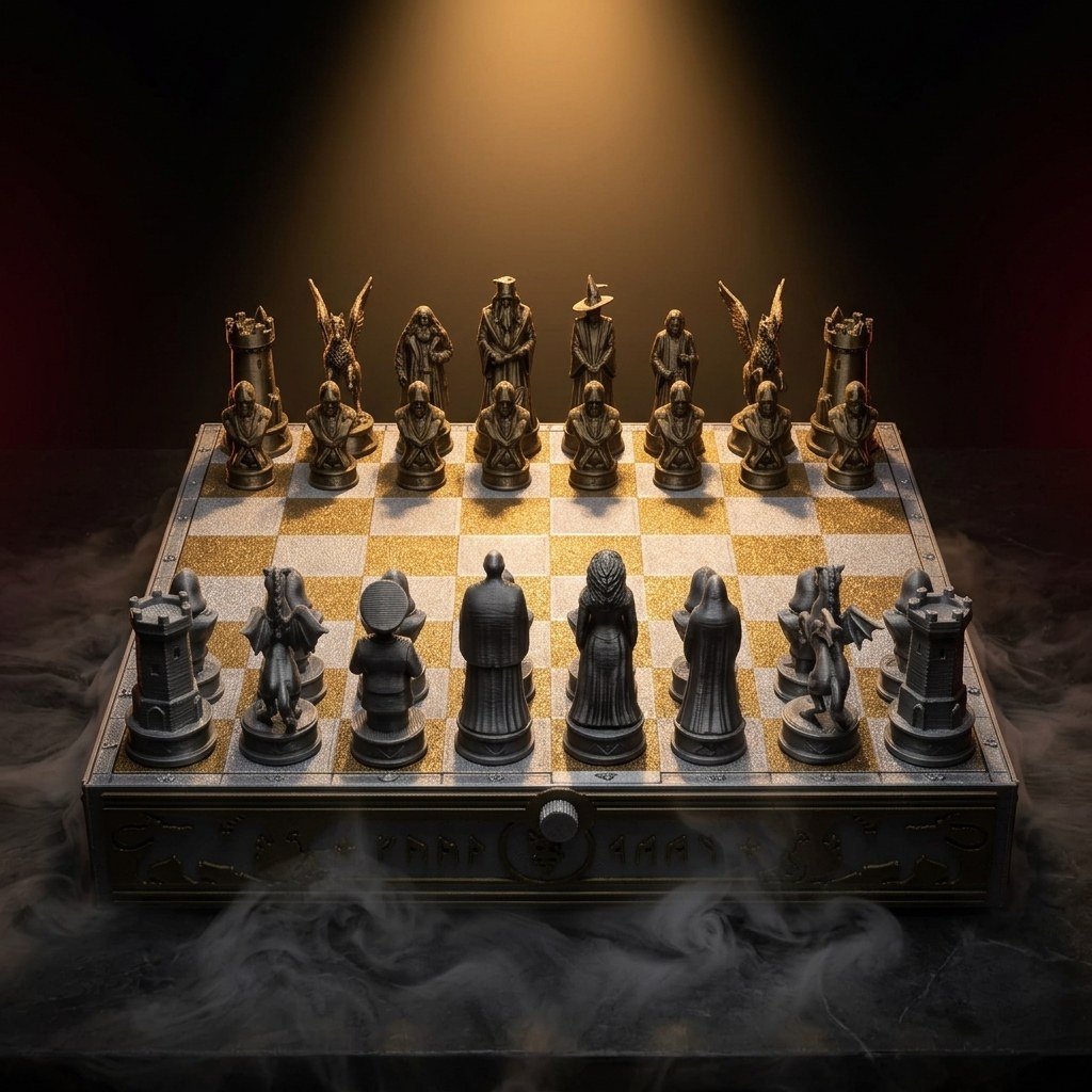 Deluxe Wizard Chess Set: 3D-Printed Metallic Edition with Storage Board