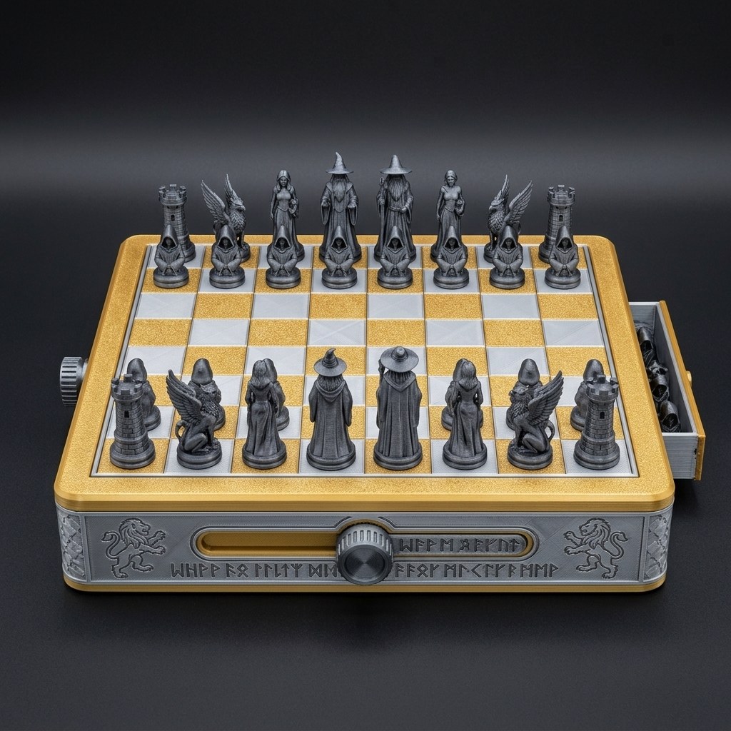 Deluxe Wizard Chess Set: 3D-Printed Metallic Edition with Storage Board, view 2