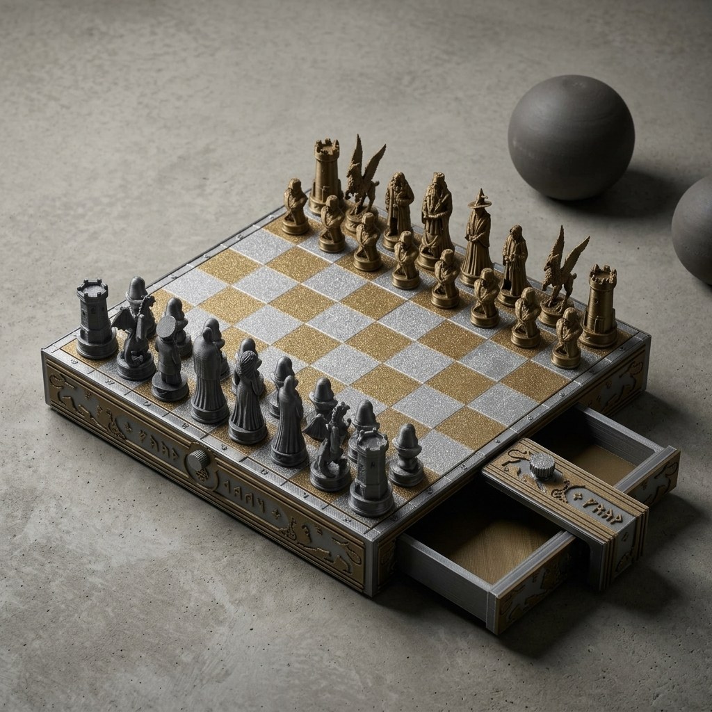 Deluxe Wizard Chess Set: 3D-Printed Metallic Edition with Storage Board, view 3