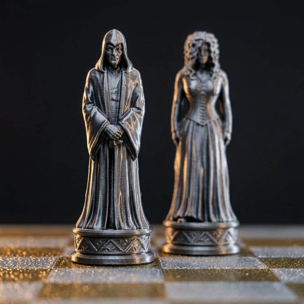 Deluxe Wizard Chess Set: 3D-Printed Metallic Edition with Storage Board, view 4