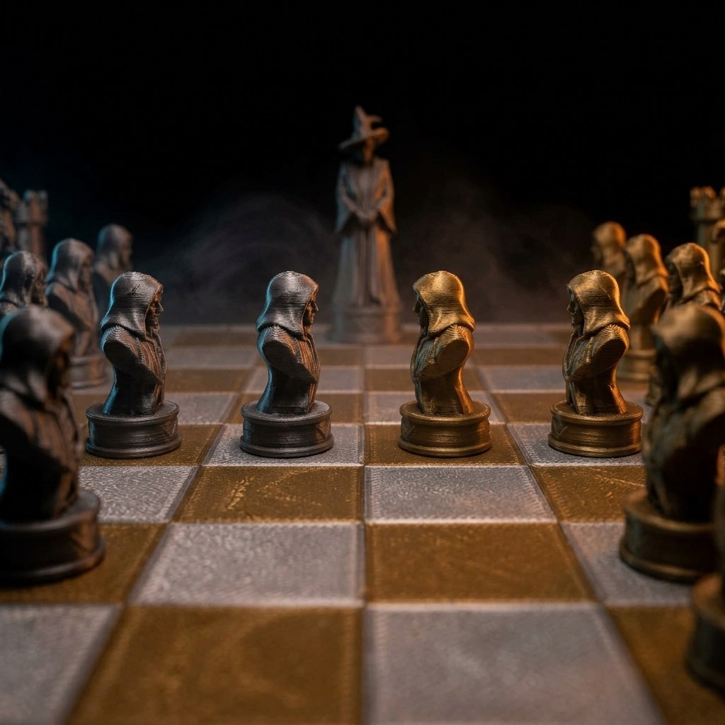 Deluxe Wizard Chess Set: 3D-Printed Metallic Edition with Storage Board, view 5
