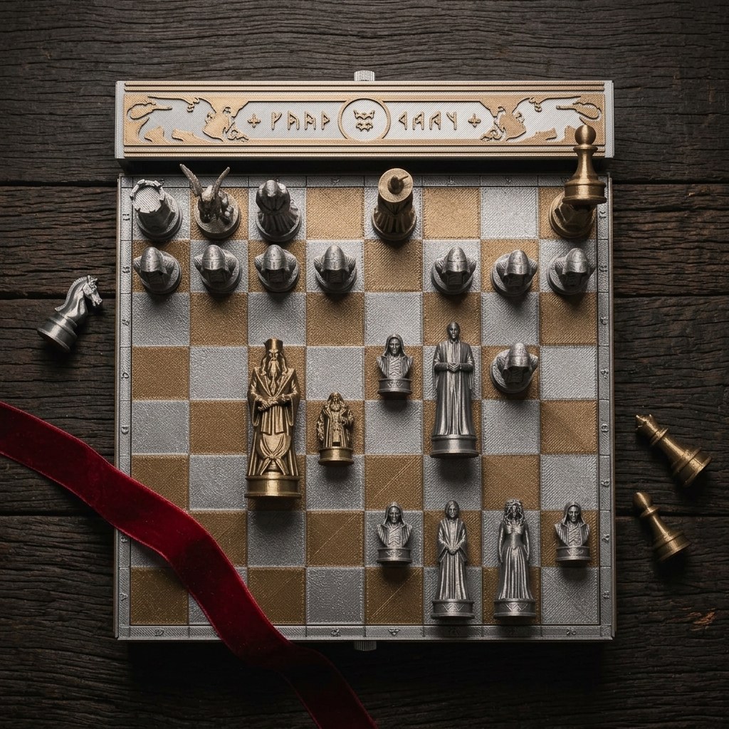Deluxe Wizard Chess Set: 3D-Printed Metallic Edition with Storage Board, view 6