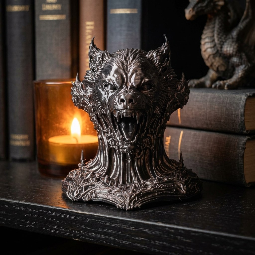Dual-Color Silk Werewolf Bust: Gothic Fantasy 3D-Printed Decor, view 2