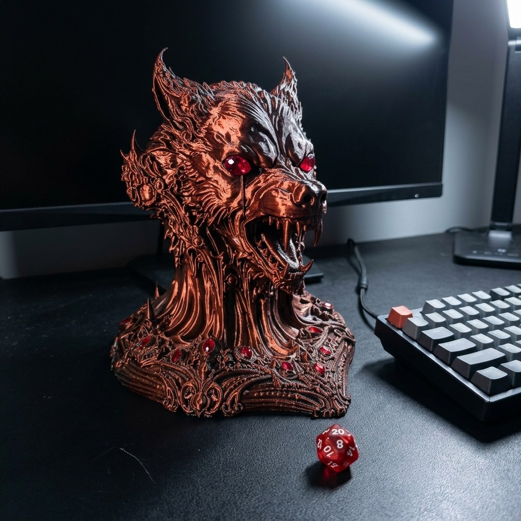 Dual-Color Silk Werewolf Bust: Gothic Fantasy 3D-Printed Decor, view 5