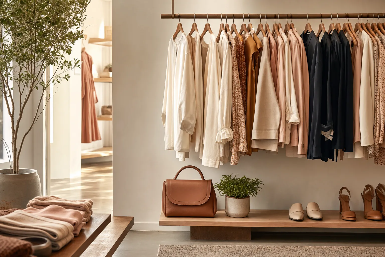 Contemporary apparel, shoes and accessories arranged in a boutique studio