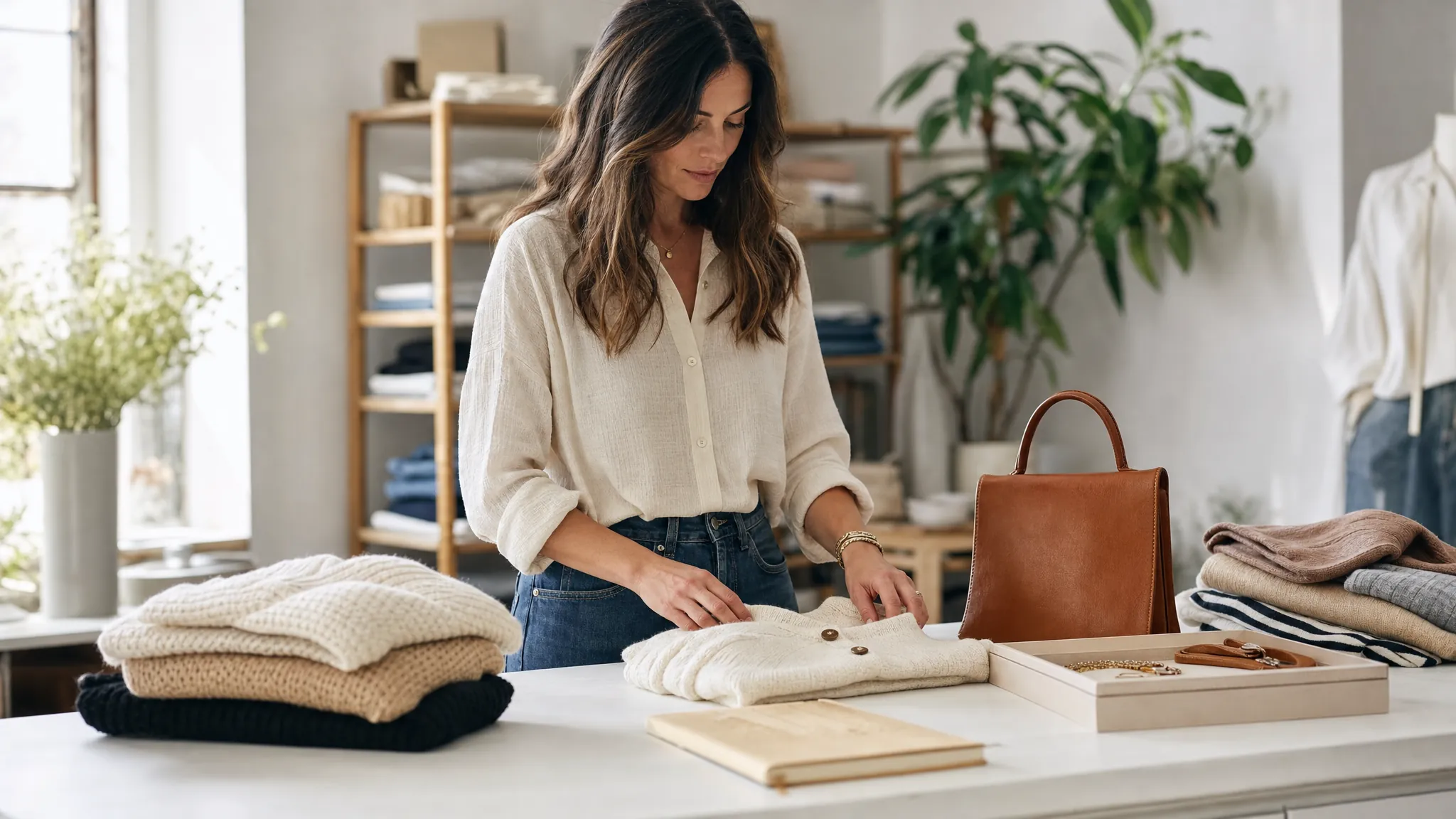Boutique owner arranging a curated clothing and accessories collection