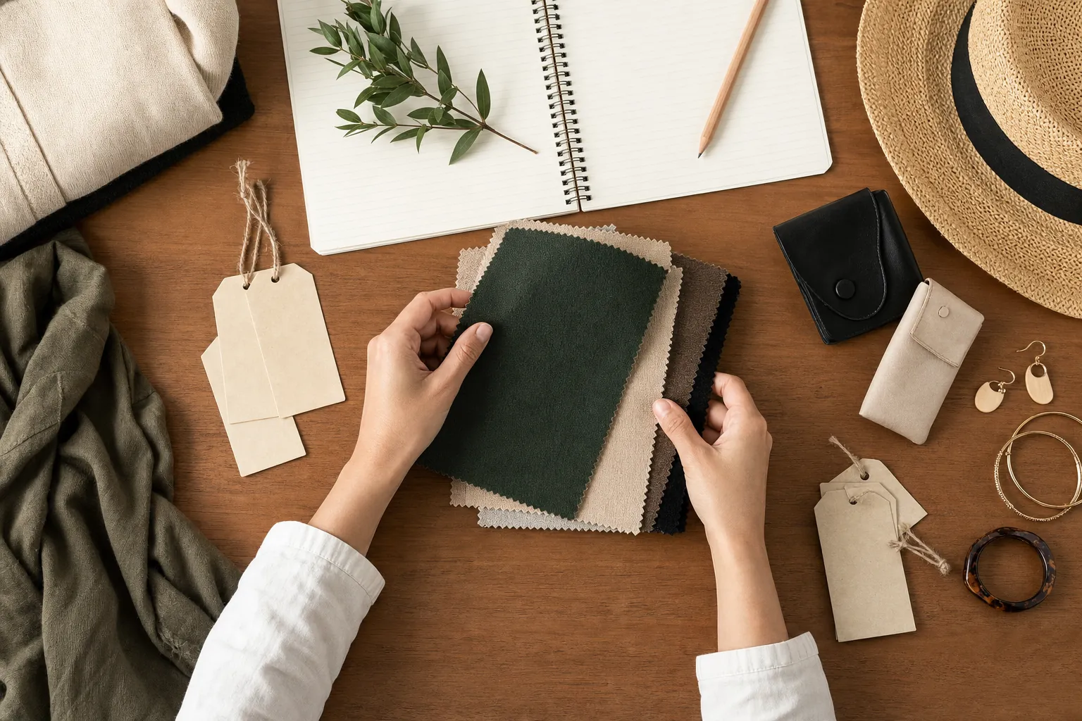 Boutique owner comparing fabric swatches and accessories while planning a collection
