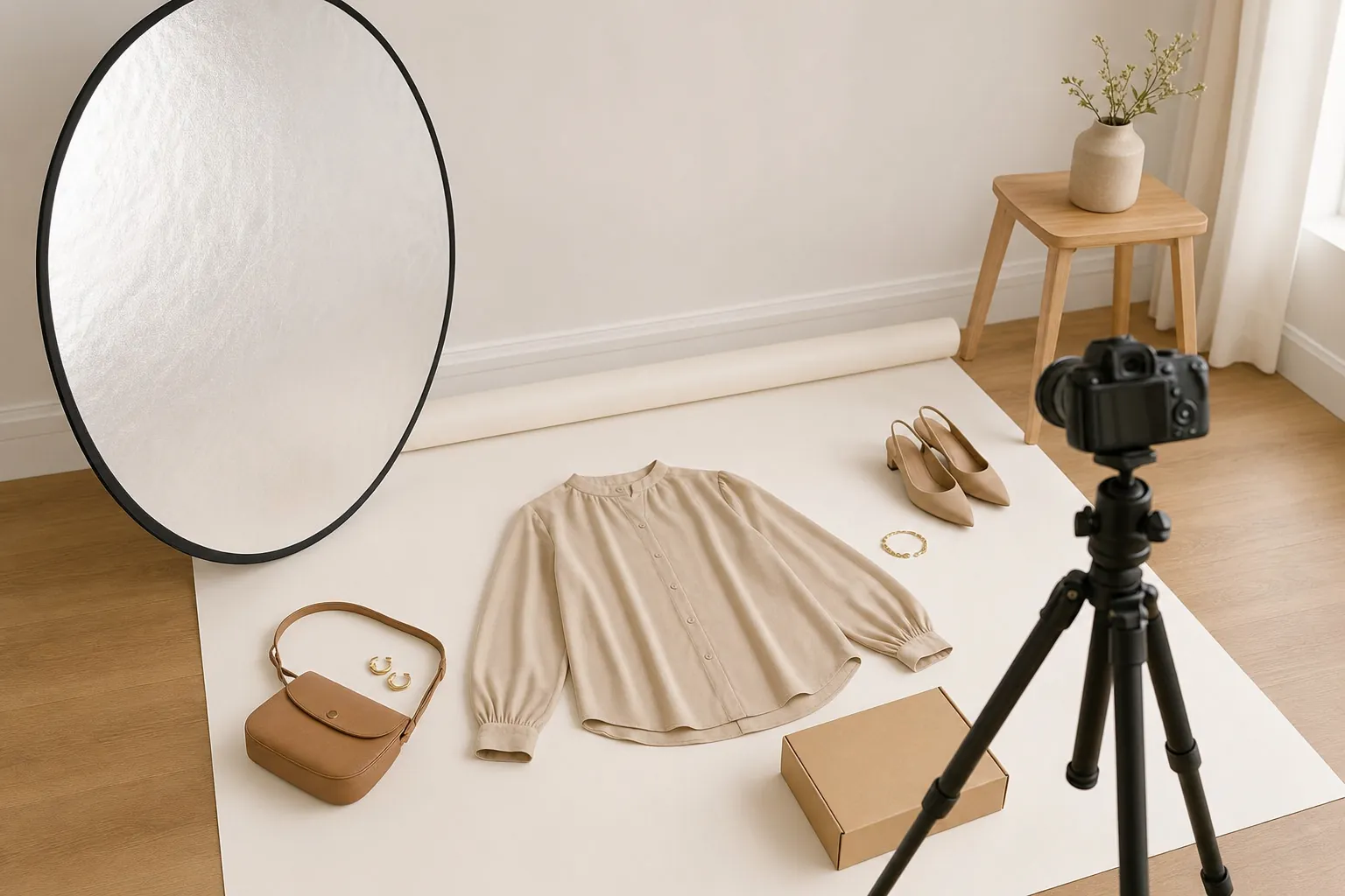 Fashion flat lay and camera setup for photographing boutique product listings