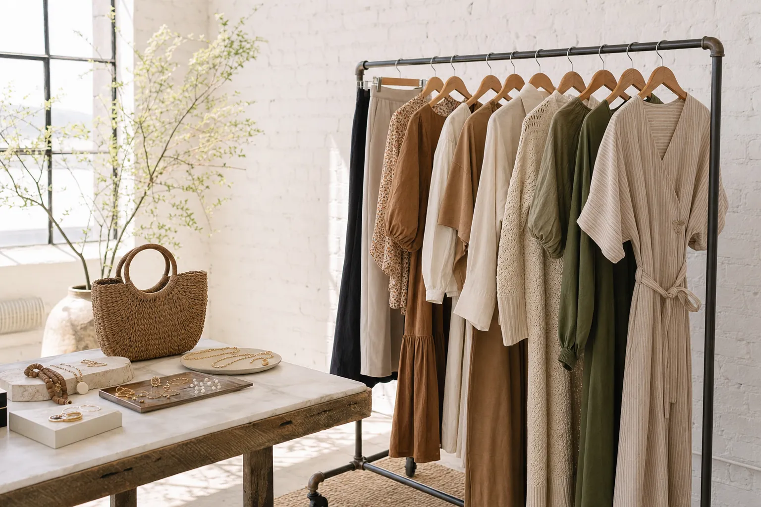 Contemporary dresses and accessories arranged for boutique product sourcing
