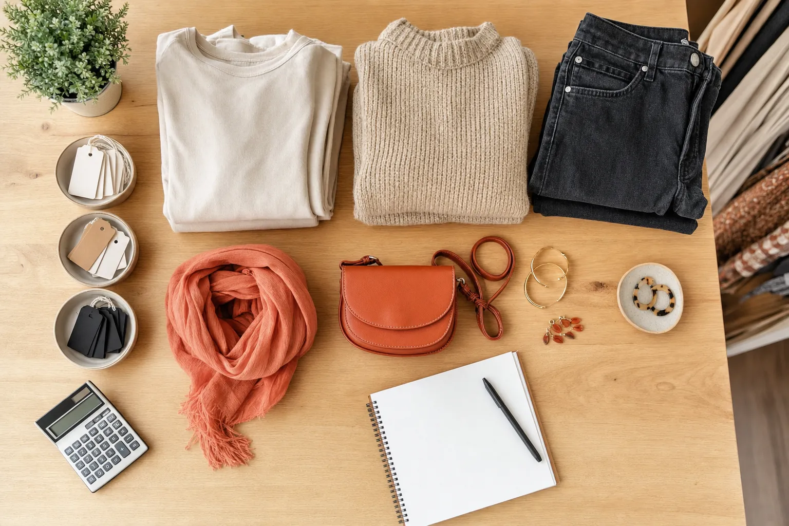 Planned boutique assortment of apparel, accessories and blank order materials on a worktable
