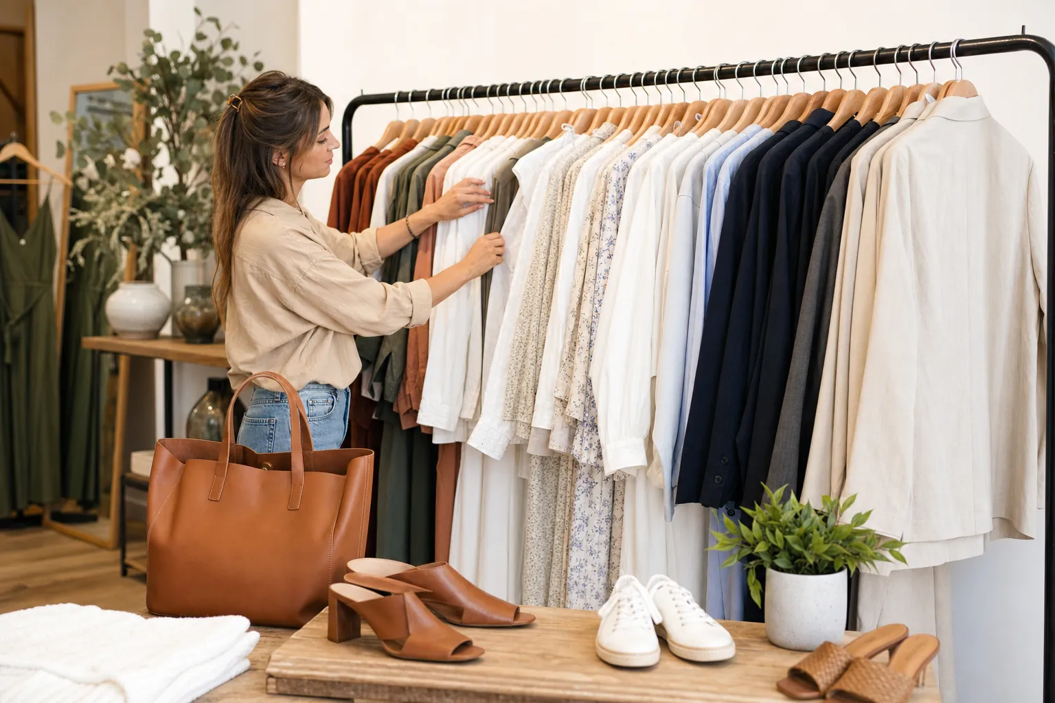 Boutique owner arranging coordinated apparel, accessories and shoes into a complete collection