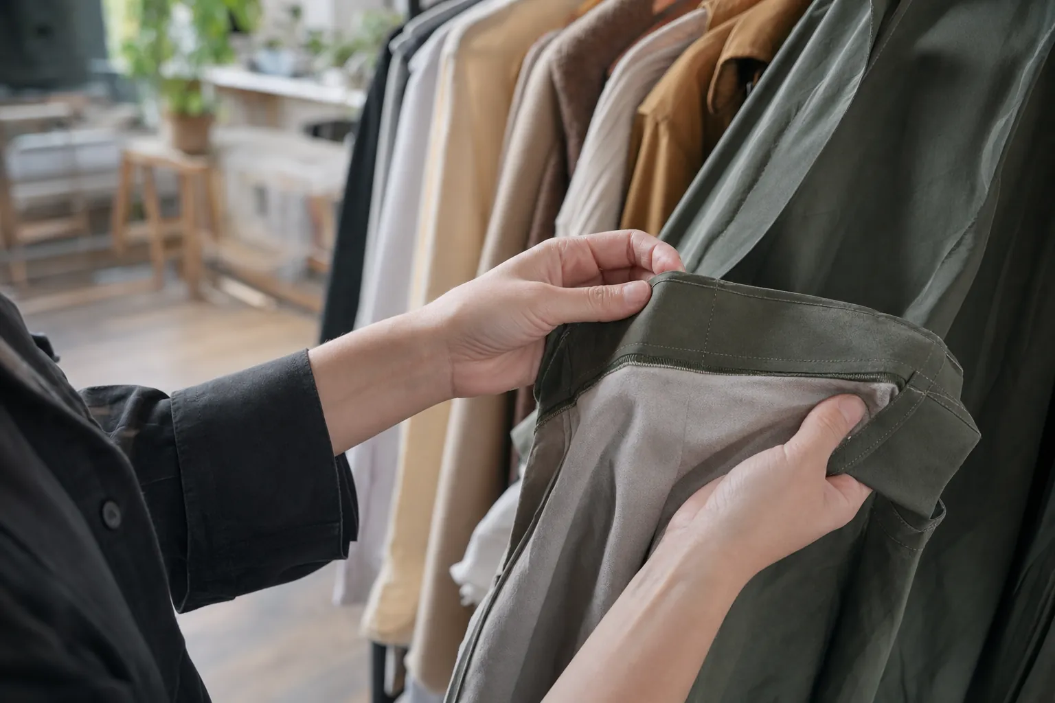 Buyer inspecting garment stitching and lining before a wholesale clothing order