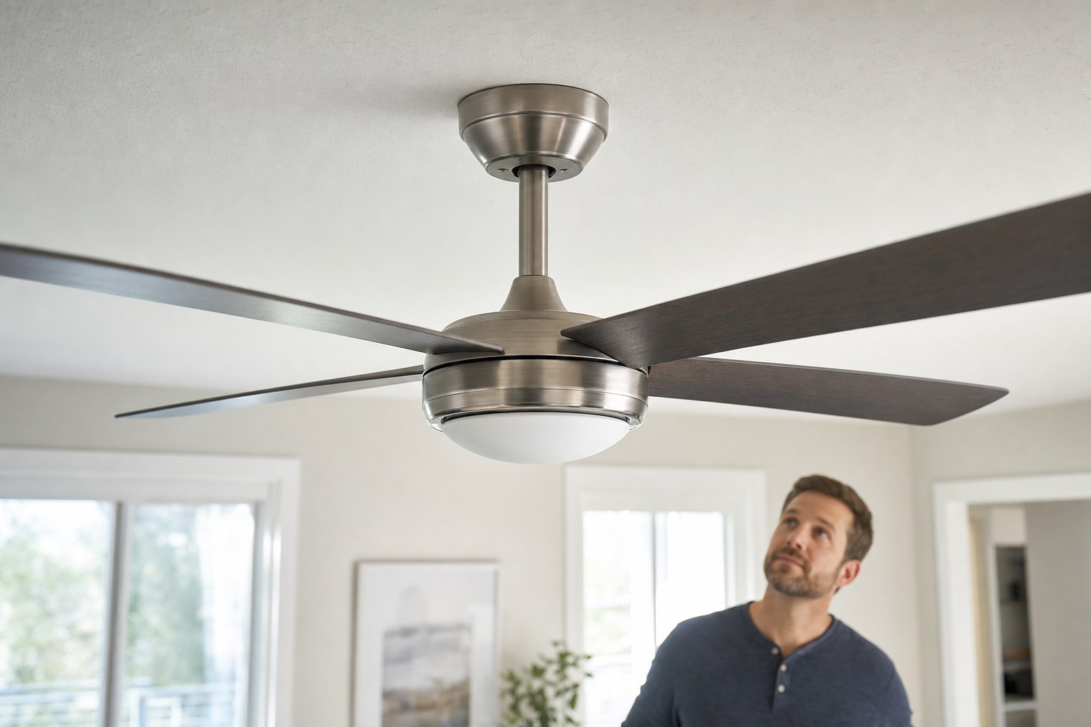 Secure ceiling fan canopy and downrod viewed from below