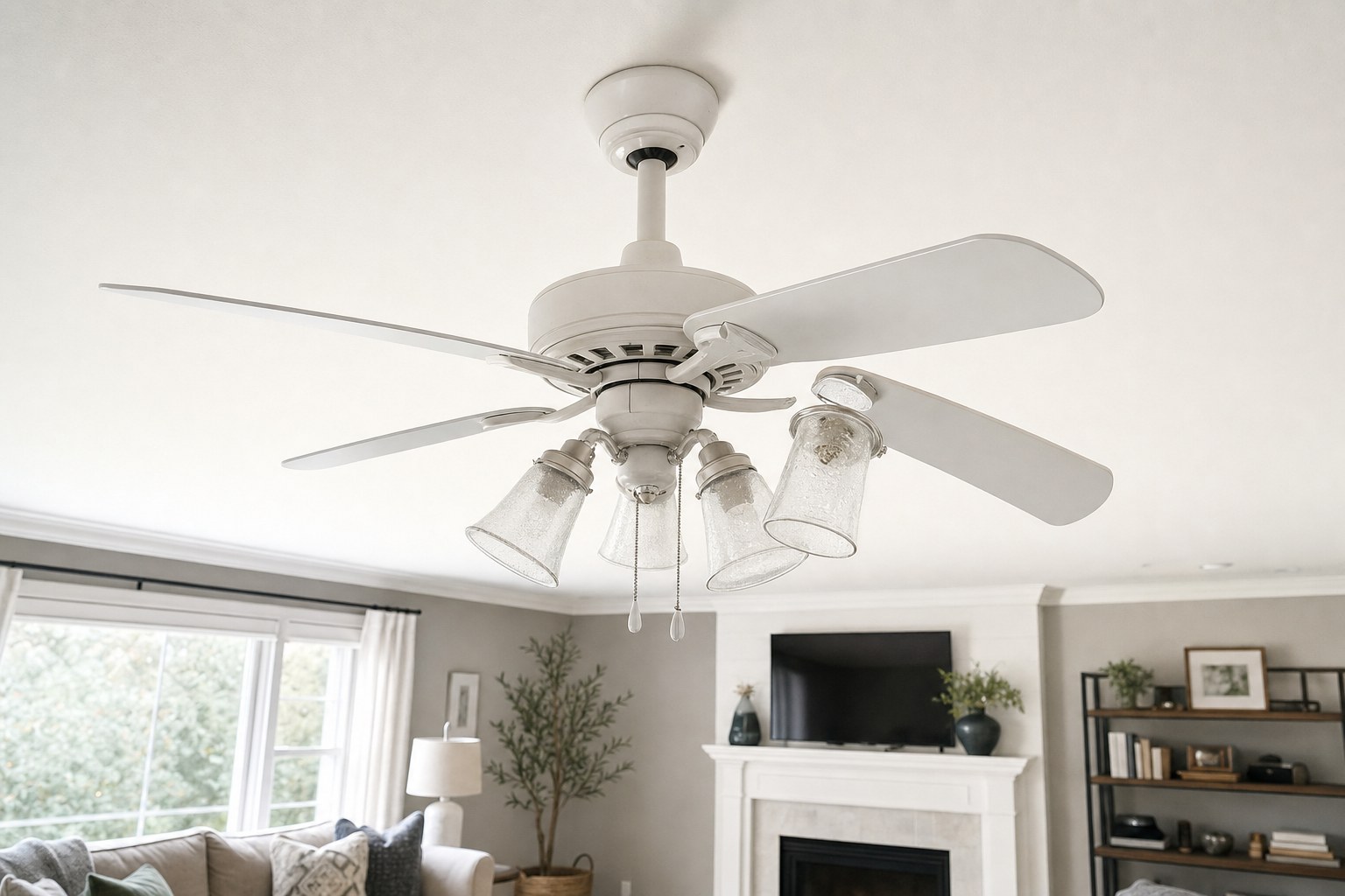 Ceiling fan with glass light shades in a bright living room