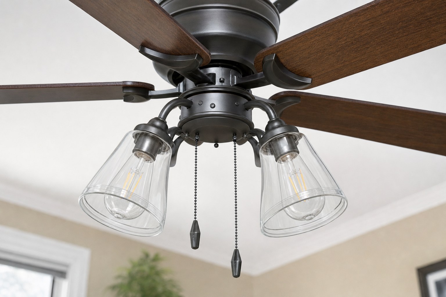Stationary ceiling fan light kit with glass shades and pull chains