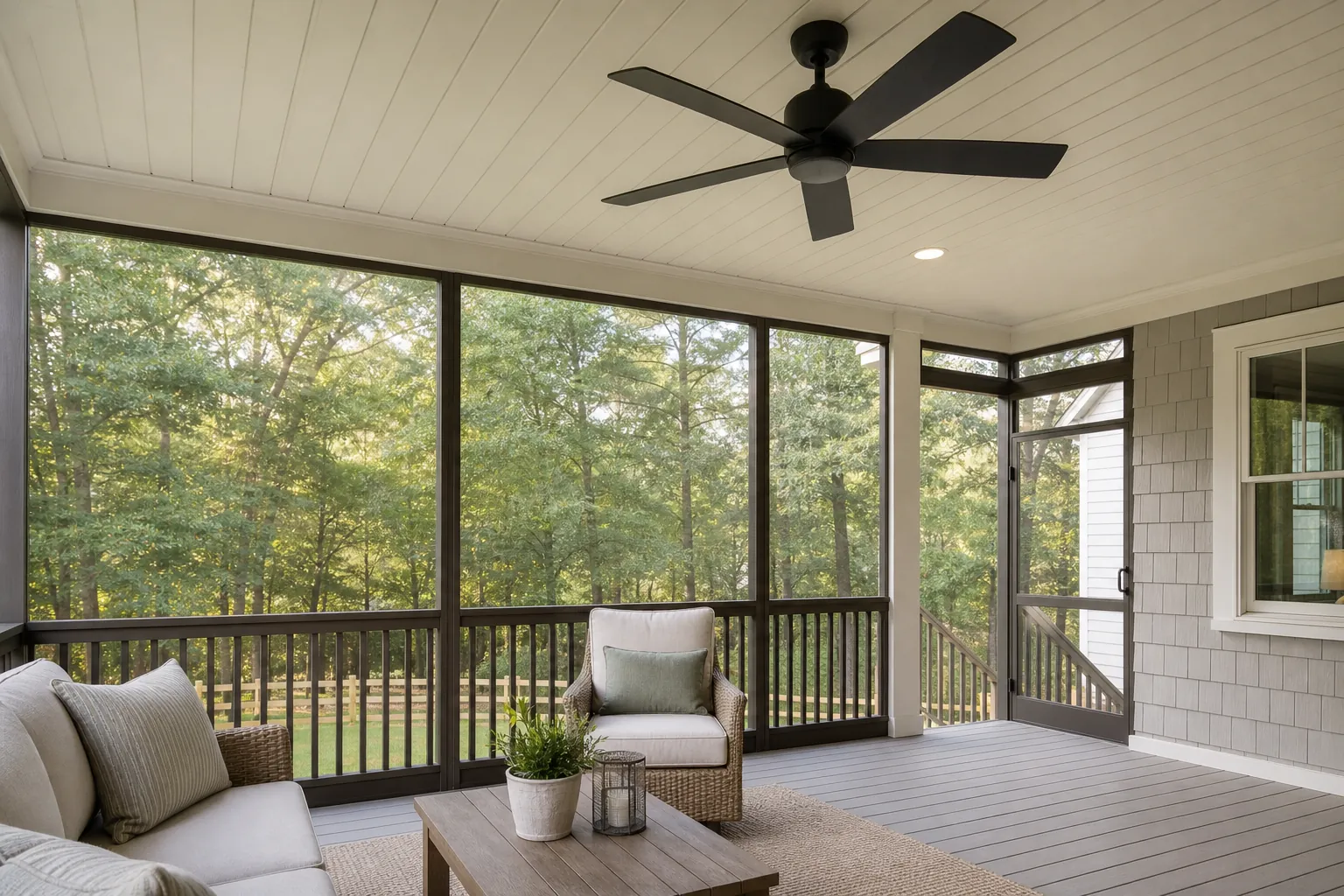 Ceiling fan in a covered screened porch