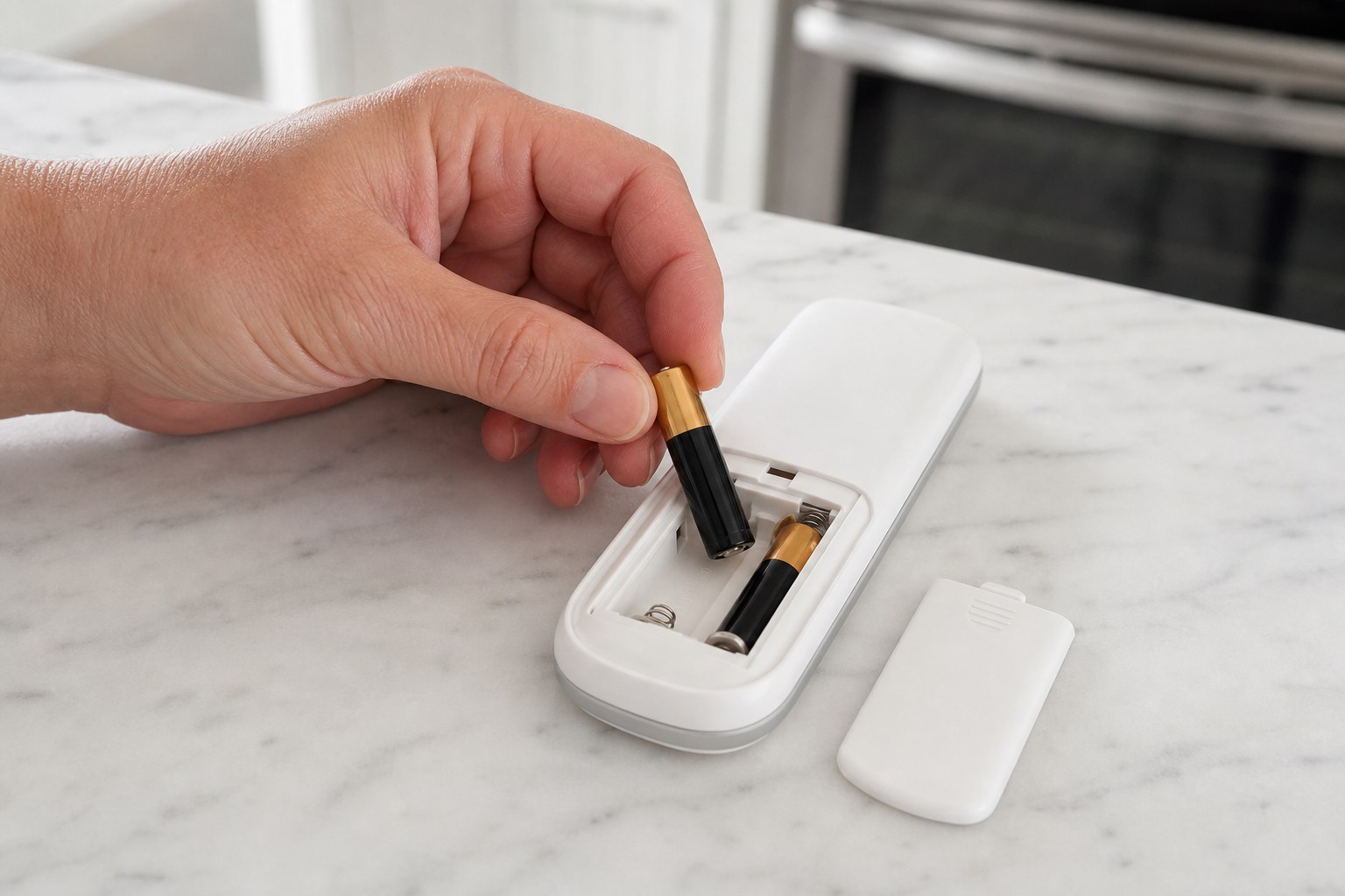 Replacing batteries in an unbranded ceiling fan remote on a kitchen counter
