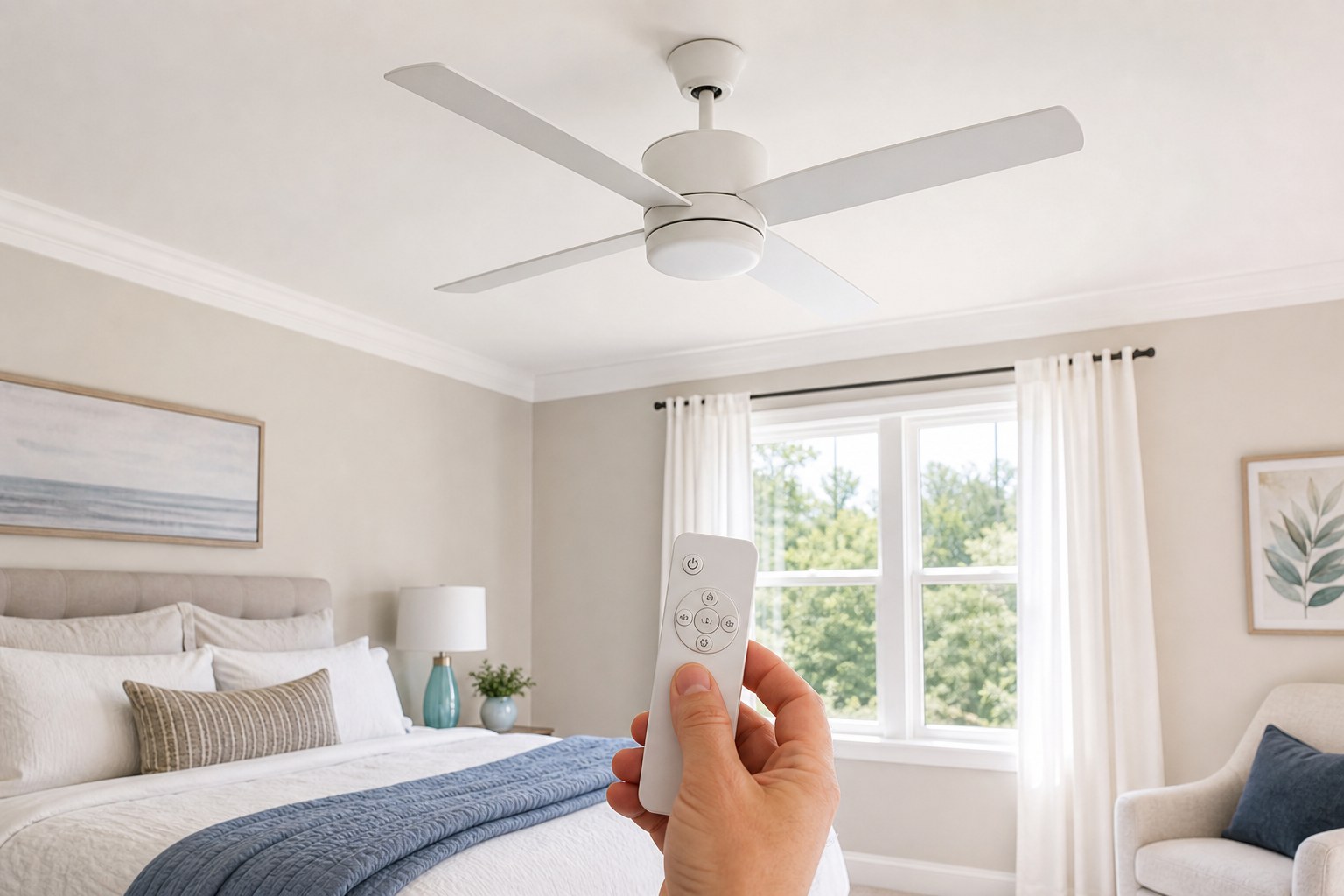 Hand holding a ceiling fan remote below a white ceiling fan in a bedroom