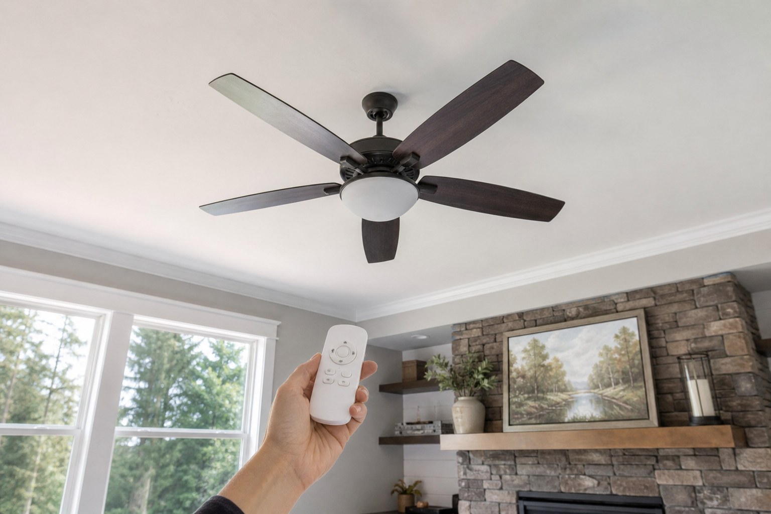 Hand holding an unbranded ceiling fan remote below a stationary ceiling fan in a living room
