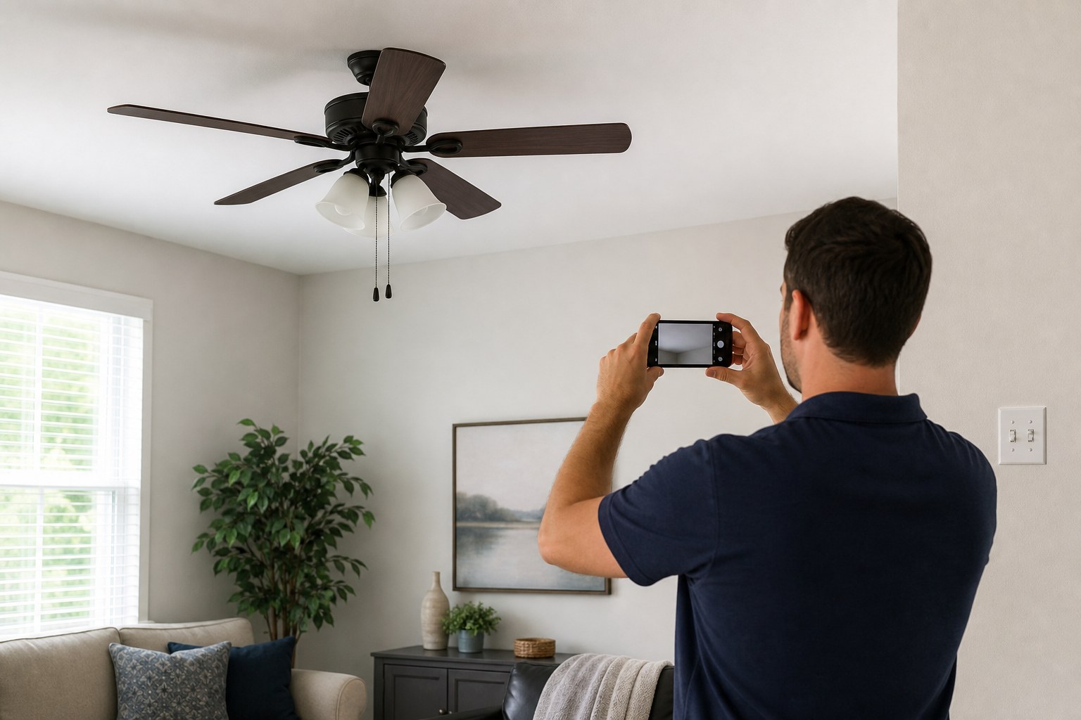 Homeowner recording a stationary ceiling fan and wall switch with a phone from a safe distance