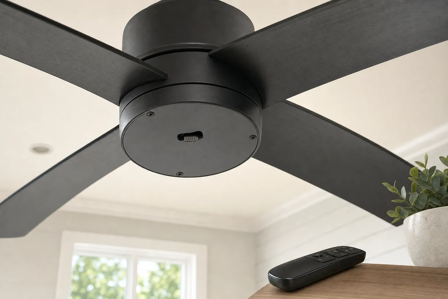 Close view of the reverse switch on a ceiling fan motor housing