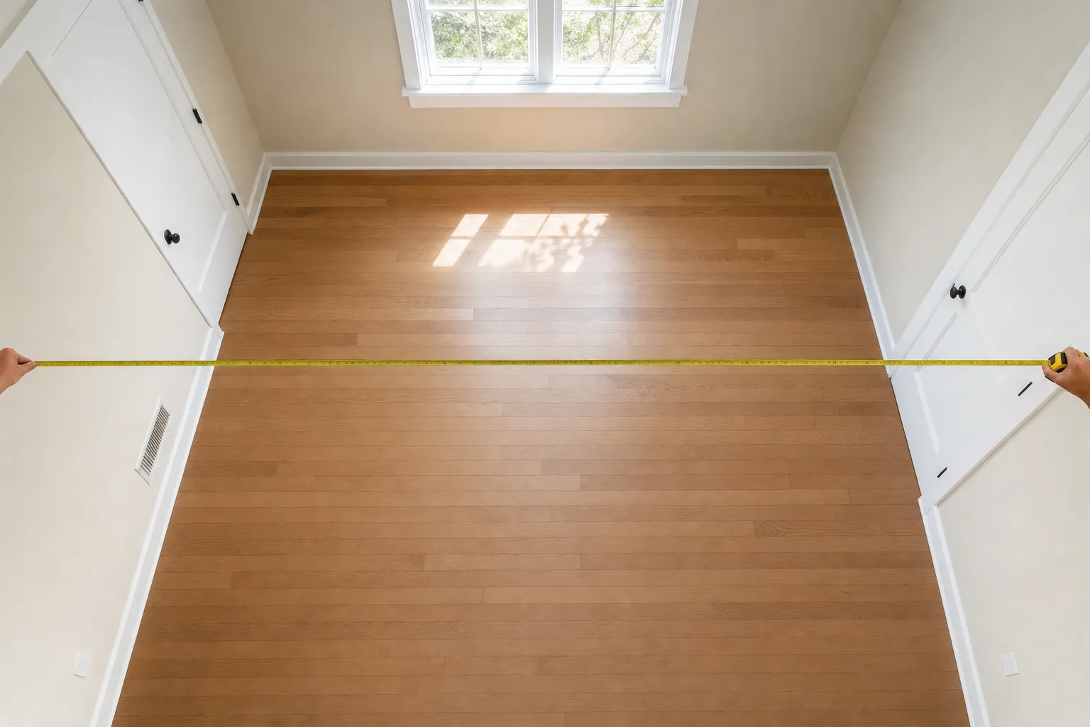 Tape measure stretched across an empty room to measure its width