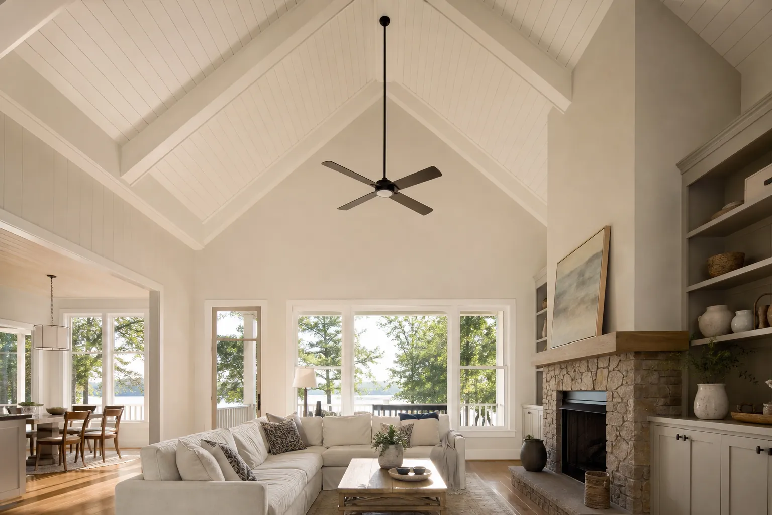 Ceiling fan mounted on a tall vaulted ceiling