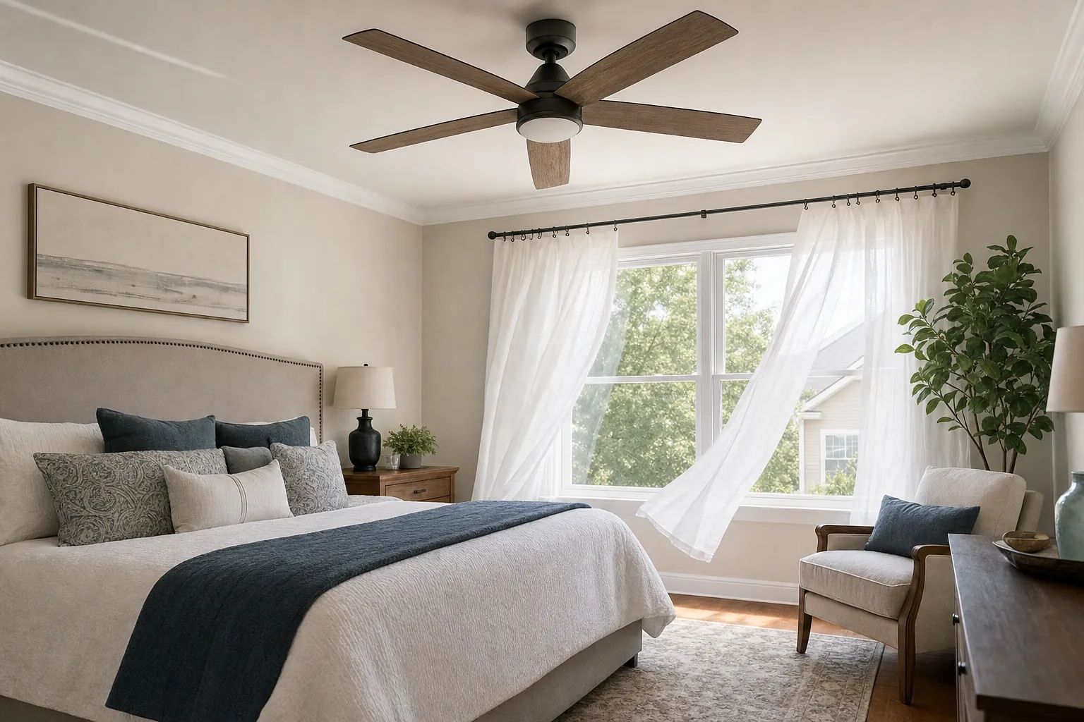 Bedroom with a ceiling fan ready for summer airflow