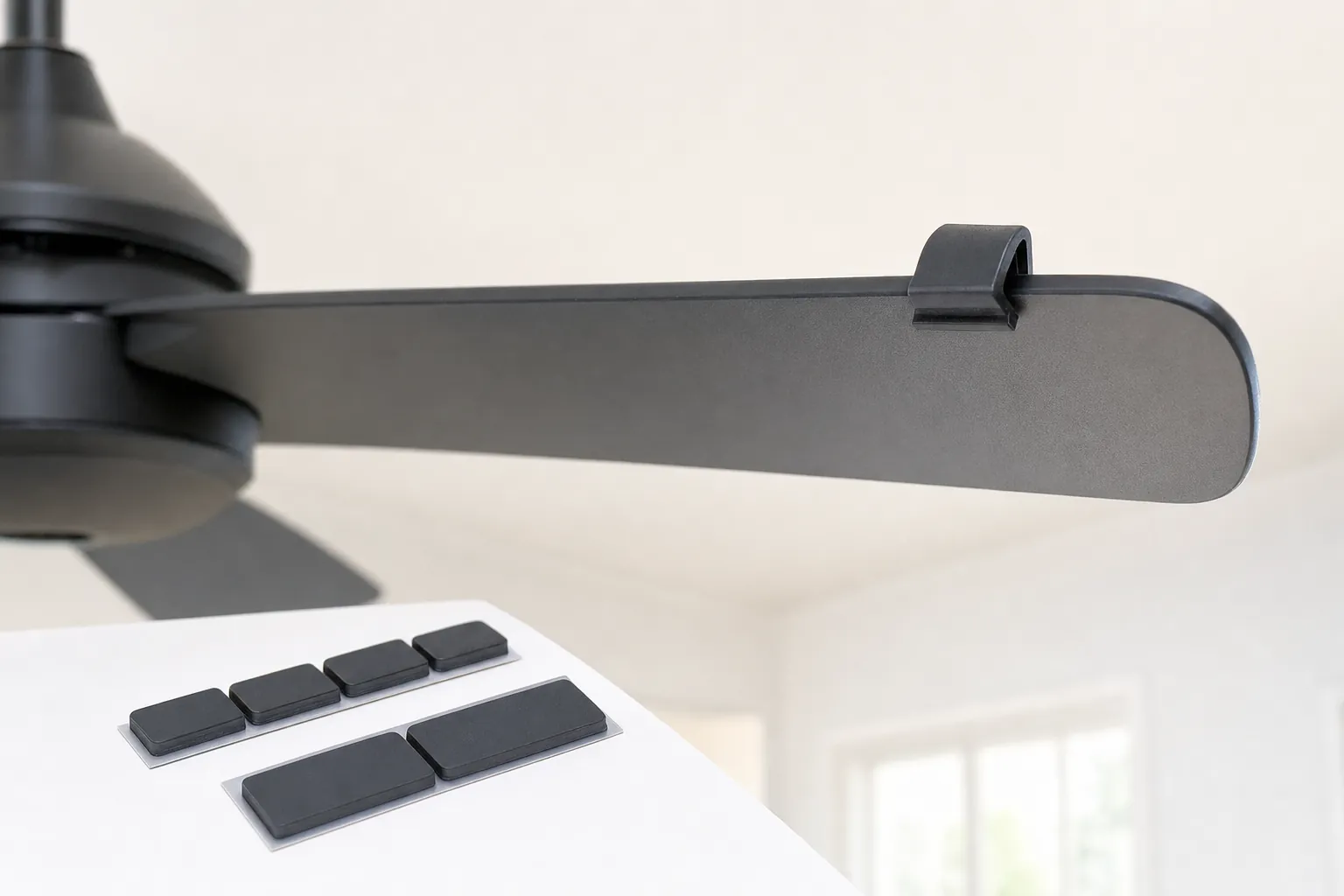 Ceiling fan balancing clip placed on the edge of a stationary fan blade