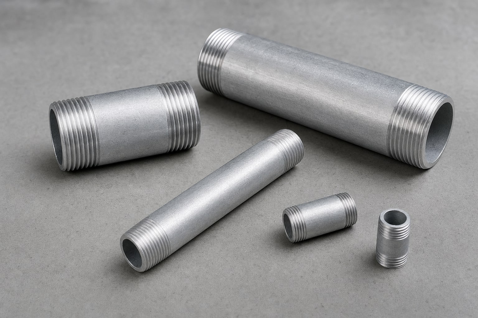Aluminum threaded pipe nipples in several lengths and diameters