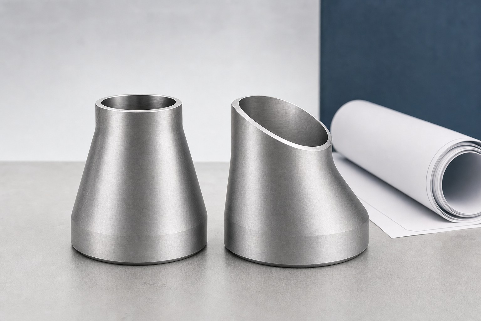 Concentric and eccentric aluminum pipe reducers beside an engineering drawing