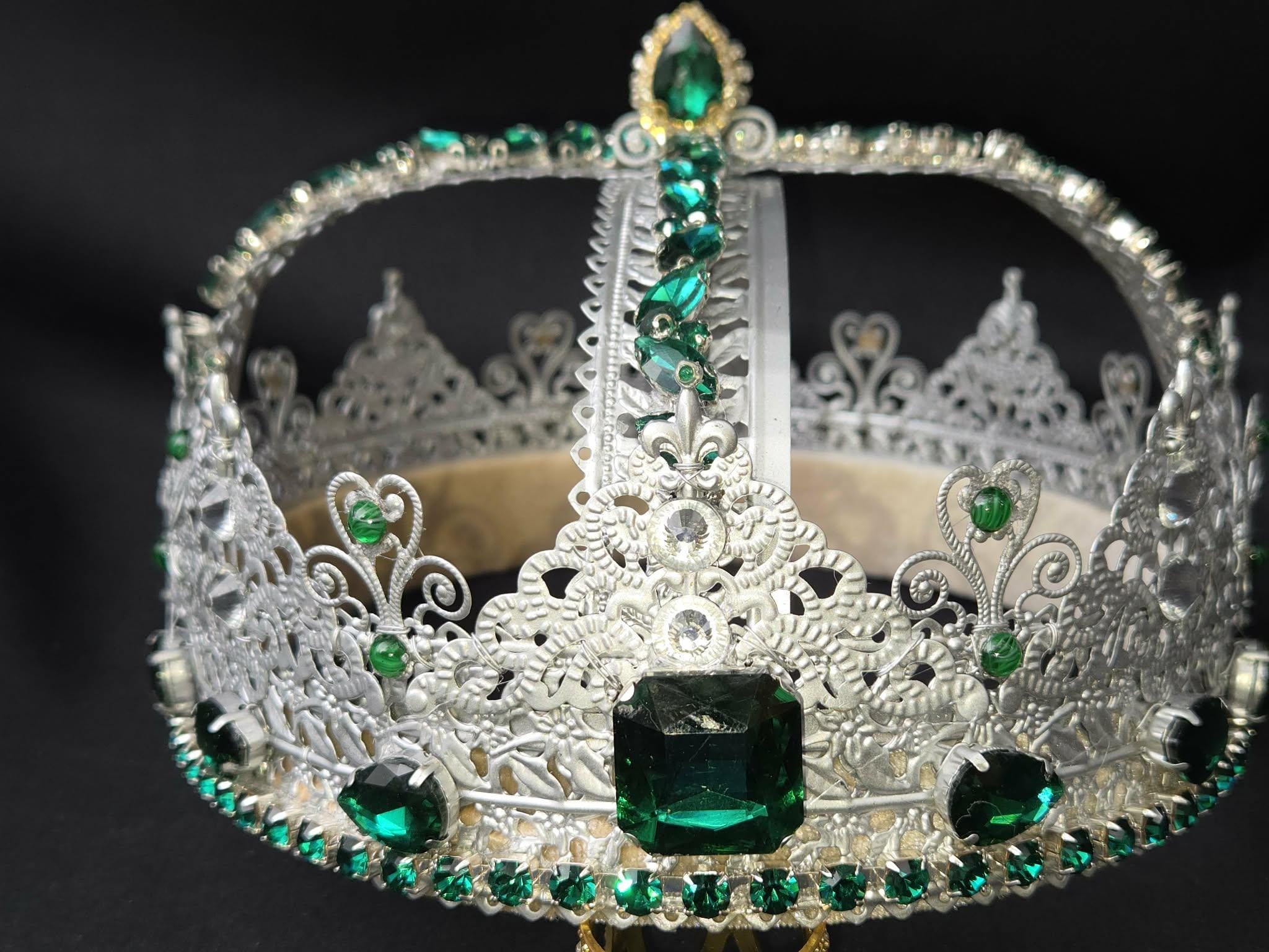 Medieval King-Queen Crown: Silver Filigree, Emerald Green Rhinestones, Velvet Lined