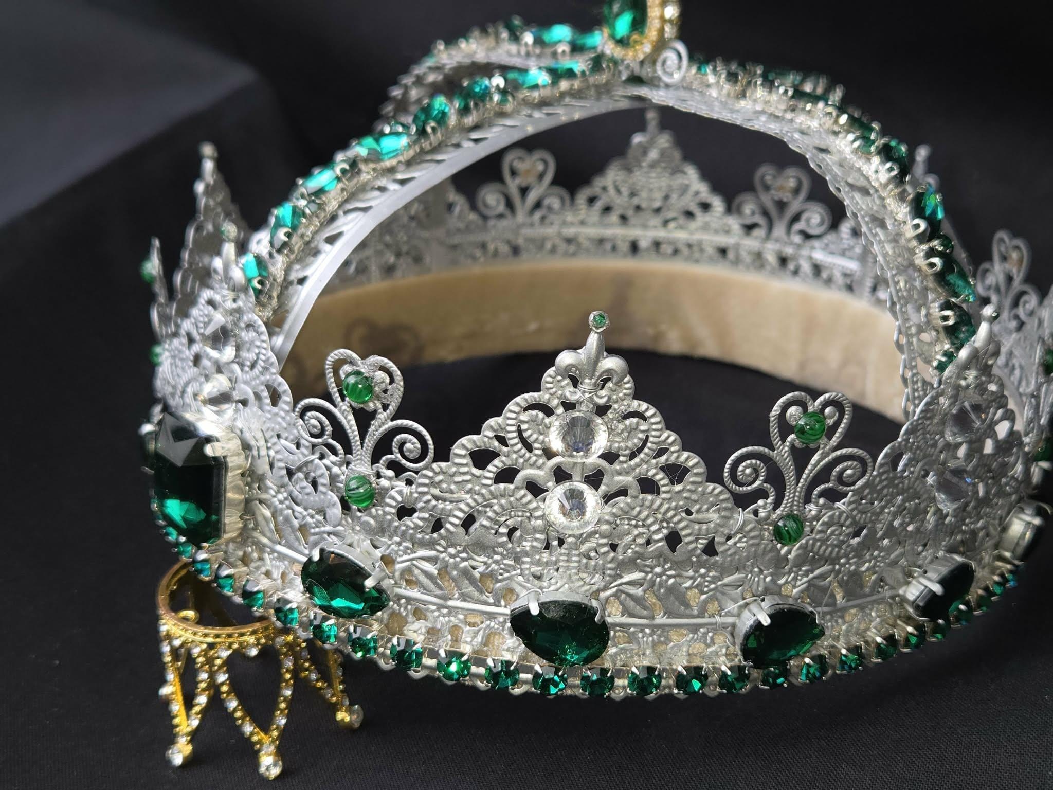 Medieval King-Queen Crown: Silver Filigree, Emerald Green Rhinestones, Velvet Lined, detail 2