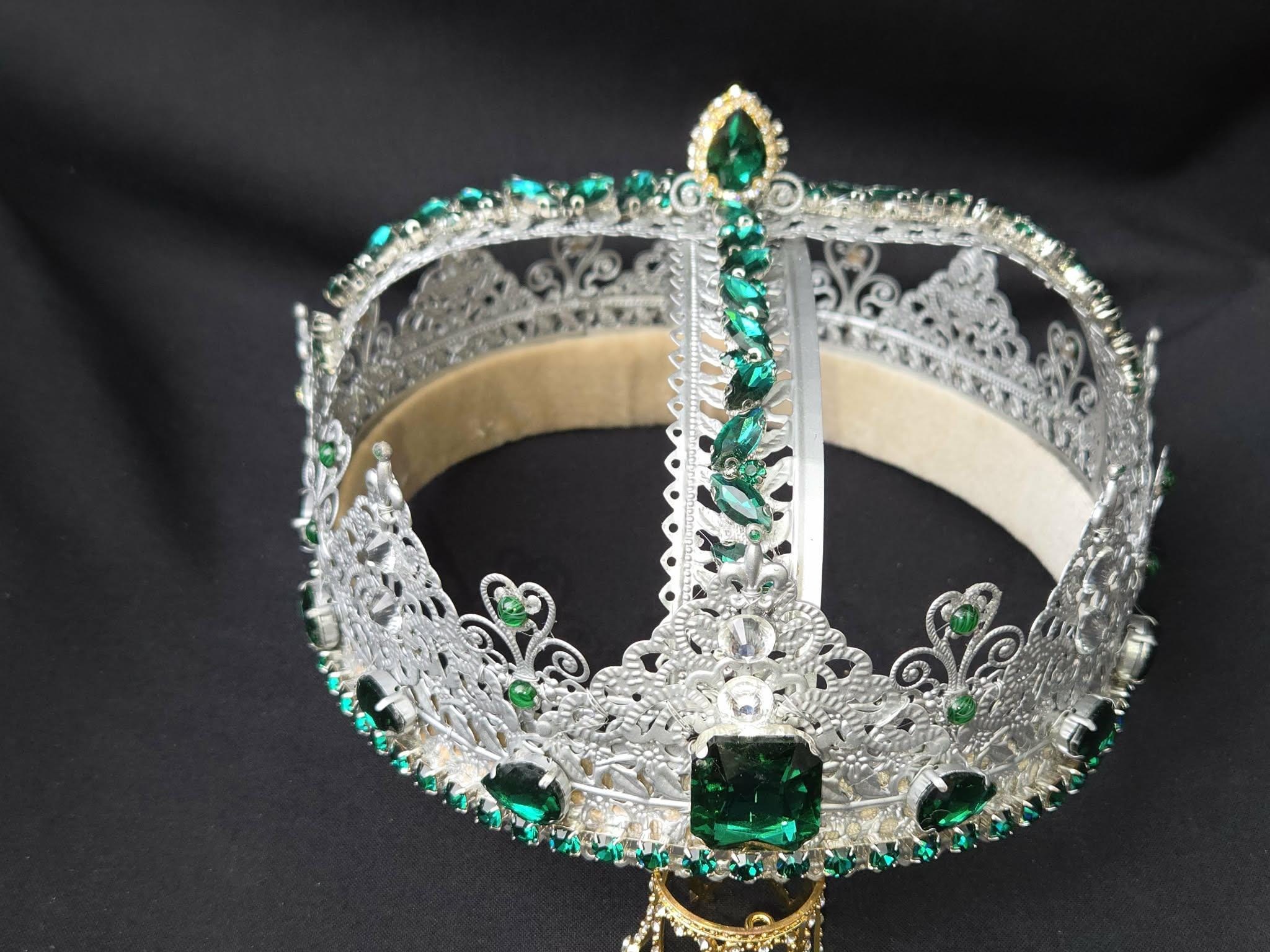 Medieval King-Queen Crown: Silver Filigree, Emerald Green Rhinestones, Velvet Lined, detail 3