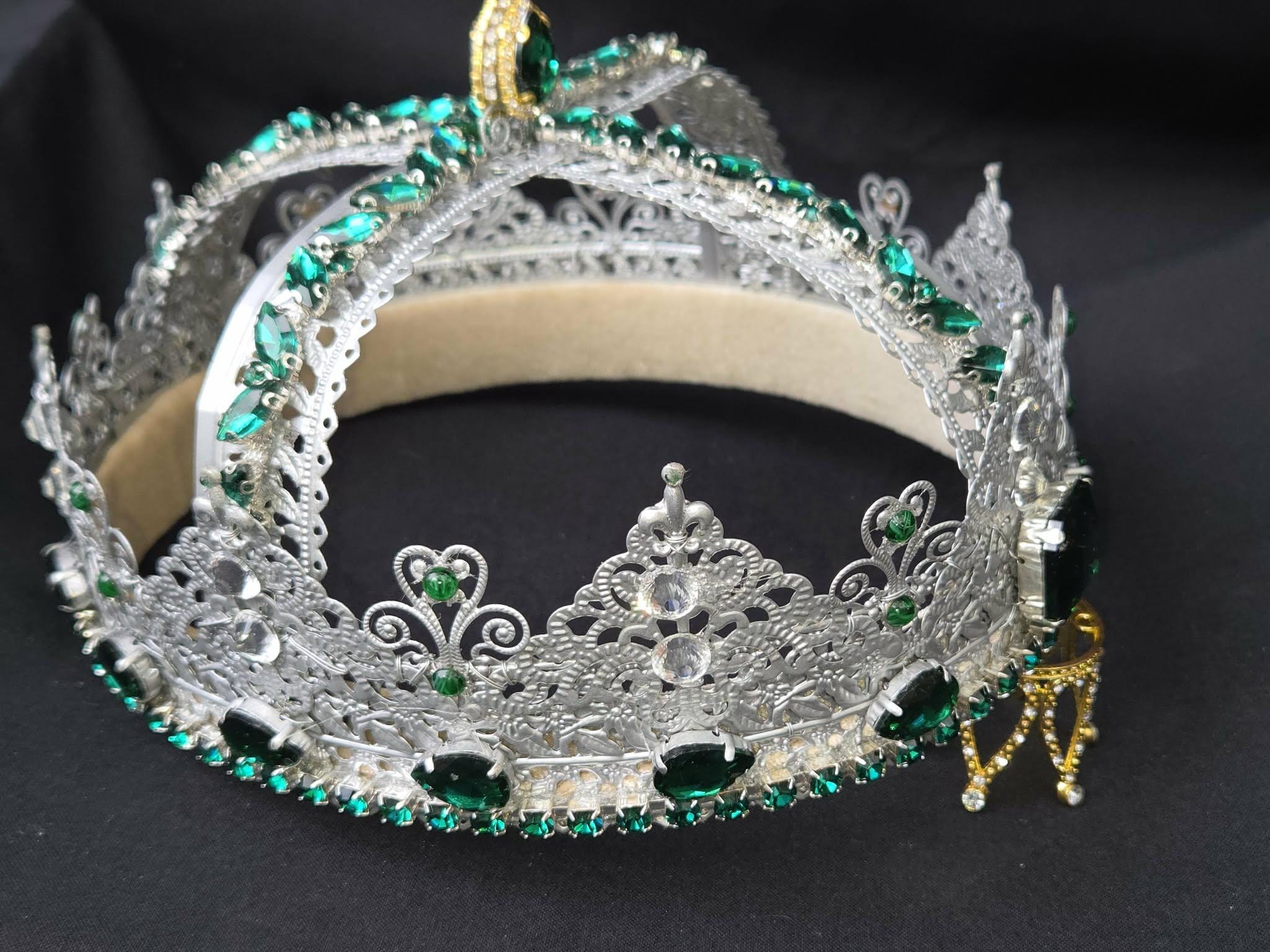 Medieval King-Queen Crown: Silver Filigree, Emerald Green Rhinestones, Velvet Lined, detail 5