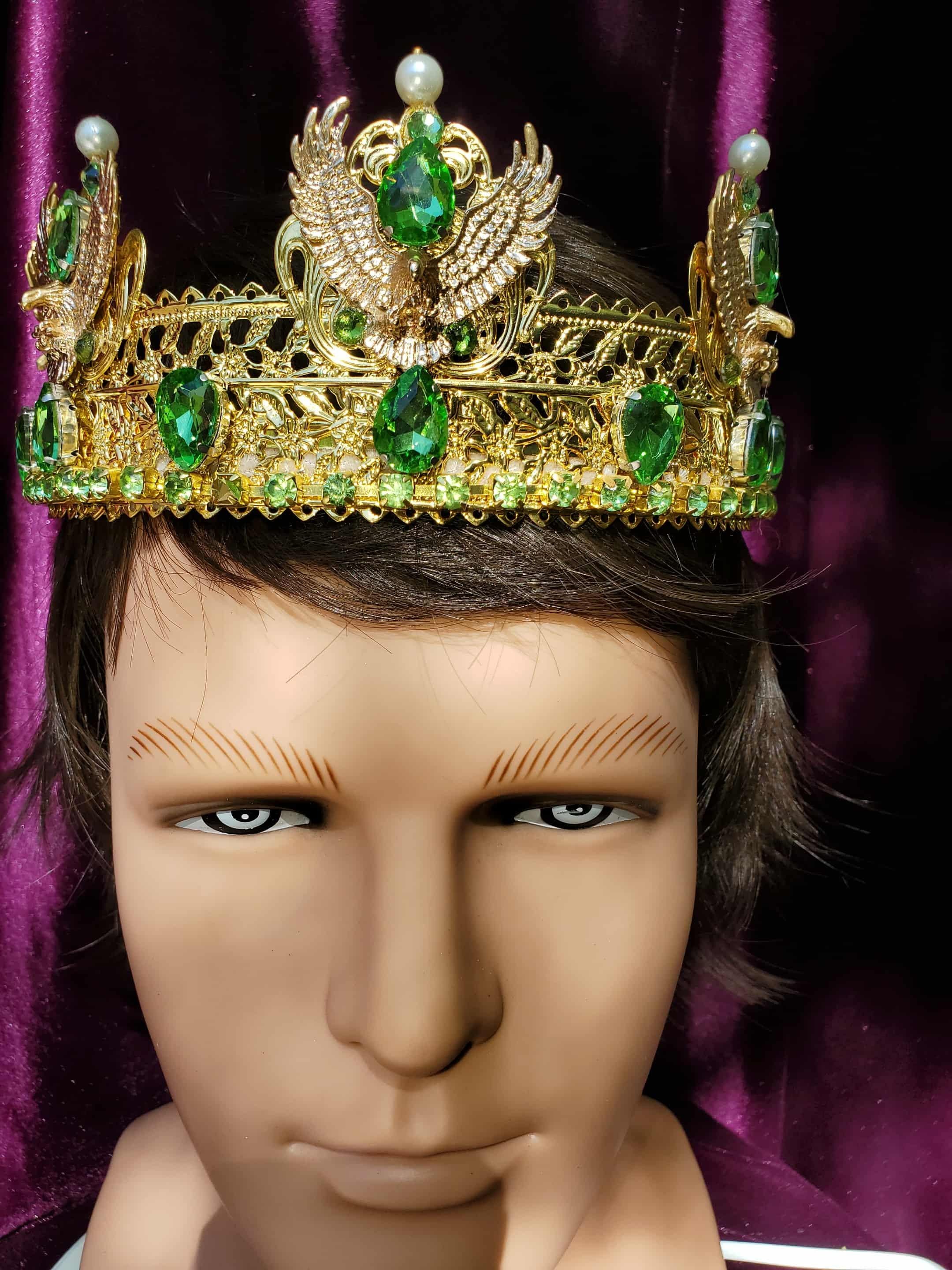 Gold Crown of Trento: Medieval Renaissance Royal Headpiece with Regal Eagles and Green Rhinestones
