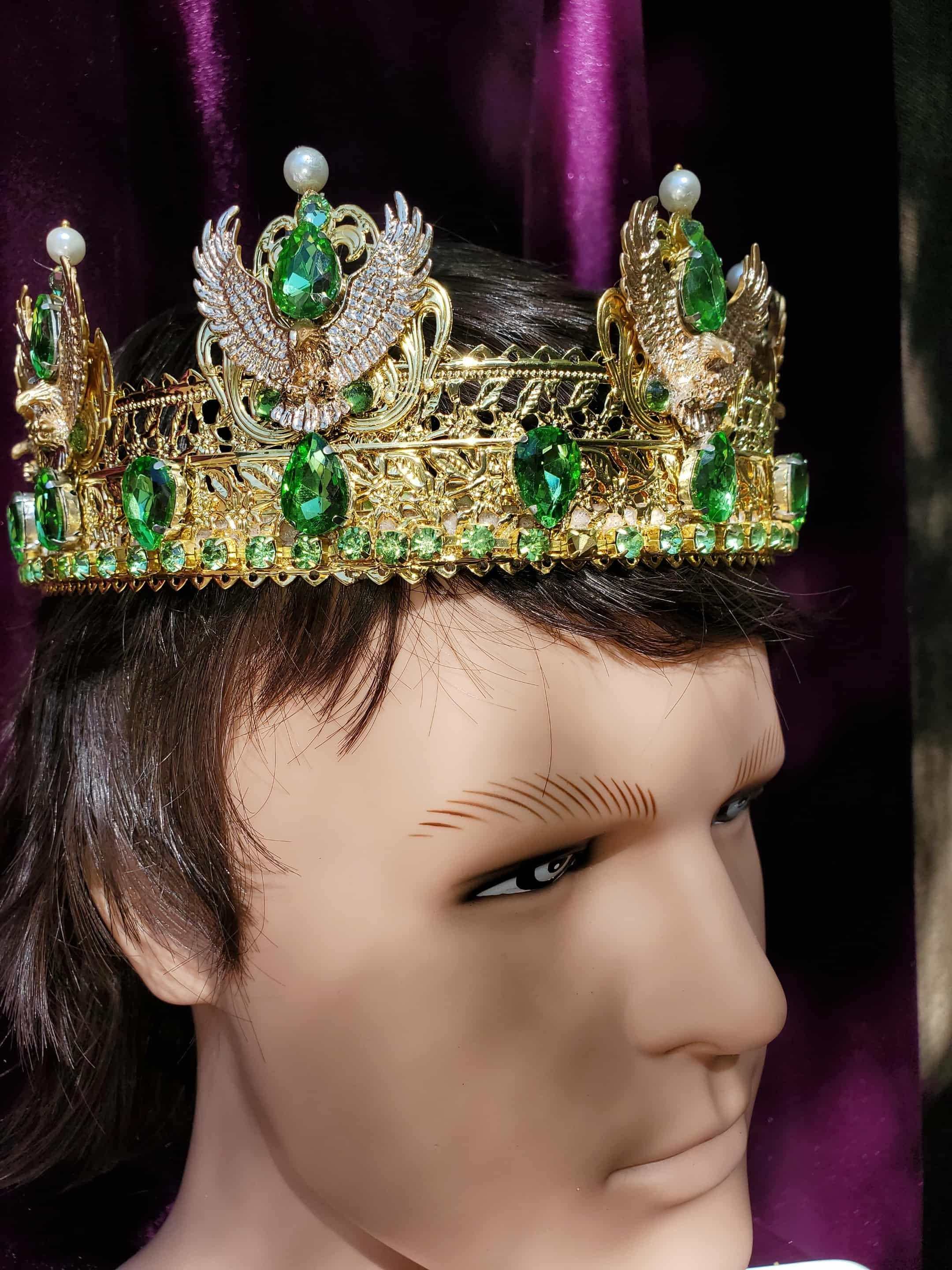 Gold Crown of Trento: Medieval Renaissance Royal Headpiece with Regal Eagles and Green Rhinestones, detail 2